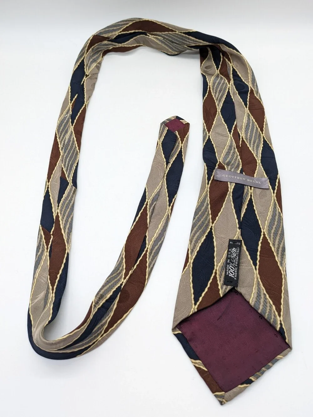 Vintage Geoffrey Beene Brown Tan Diamond Checkered Silk Geometric Tie